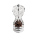 Transparent acrylic pepper mill filled with whole black peppercorns, featuring a silver top knob engraved with the letter ‘P’.