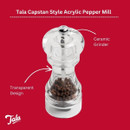 Tala Capstan Style Acrylic Pepper Mill on a red background, with arrows pointing to its ceramic grinder and clear acrylic body.