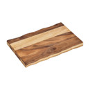 Rectangular wooden chopping board with a smooth surface and natural grain patterns, featuring gently wavy edges.