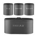Set of four matte dark grey metal storage tins with matching lids, labelled ‘TEA’, ‘COFFEE’, ‘SUGAR’, and a larger ‘BREAD’ bin in a coordinated minimalist design.