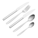 Set of five stainless steel cutlery pieces including a dinner knife, dinner fork, dessert knife, tablespoon, and teaspoon, featuring a sleek, modern polished finish.