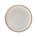 Round stoneware dinner plate in a soft cream colour with a rustic brown reactive glaze rim and subtle speckled finish.