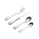Stainless steel children’s cutlery set featuring fork, knife, dessert spoon, and teaspoon with embossed jungle animal designs.