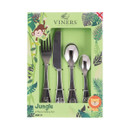 Front view of Viners Jungle children’s cutlery set in green packaging, showing four stainless steel pieces with engraved animal motifs.
