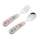 Viners All Aboard children’s fork and spoon set with colourful animal train design and cream handles.