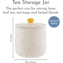 Price & Kensington Daisy tea storage jar with capacity details and measurements shown, ideal for loose leaf tea and tea bags.
