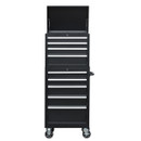 A front view of a 26-inch 9-drawer tool cabinet with the top lid open on a white background