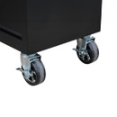 A close-up view of the wheels on a 26-inch 9-drawer tool cabinet on a white background
