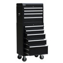 A side view of a 26-inch 9-drawer tool cabinet with the bottom drawers open on a white background