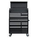 A front view of a 42-inch 12-drawer tool cabinet with the top lid open on a white background