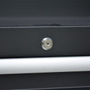 A close-up view of the lock on a 42-inch 12-drawer tool cabinet on a white background