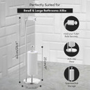 Diagram of a stainless steel freestanding toilet roll holder with measurements, showing anti-slip base, secure roll holder, and storage for spare toilet rolls.