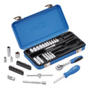 A 45-piece Draper 1/4" square drive metric socket set displayed on a white background. The blue metal case is open, showing neatly organised contents.