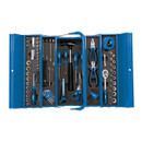 Top-down view of the Draper 126-piece tool kit in an open blue steel cantilever toolbox. The organised layout shows a variety of tools such as screwdrivers, pliers, scissors, sockets, a tape measure, and a hammer, all secured within black foam inserts.