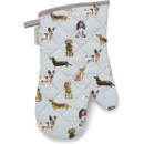 A light blue quilted oven glove featuring a variety of dog illustrations, shown against a white background.