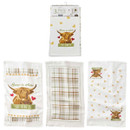 Set of three country-inspired cotton tea towels laid out to show designs, including a Highland cow print with heart details, a rustic plaid pattern, and a smaller cow and heart motif.