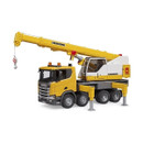 Toy model of a yellow construction crane truck with a long arm and hook, detailed cabin, and extended stabilizers, resting on a white background.