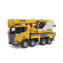 Toy model of a yellow and white Liebherr crane truck, featuring detailed wheels and crane arm. The design suggests construction and engineering themes.