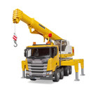 Yellow toy crane truck with branding and stabilizers extended. Features a long boom with a hook, placed on a clean white background.