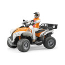 A figure in an orange and white outfit and helmet rides an orange all-terrain vehicle. The ATV features rugged tires and a rear cargo rack.