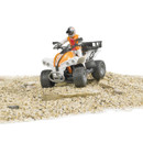 A toy figure wearing an orange and white suit rides an orange and white toy ATV on a surface of small pebbles, evoking a sense of adventure.