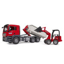 A red toy truck with a tilting container is paired with a small, matching red toy front-loader. The scene conveys a playful construction theme.