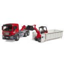 Toy model of a red truck with a small loader and a grey container. The loader is lifting debris, evoking a construction or industrial theme.