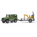 A green toy SUV with a driver figurine is towing a flatbed trailer carrying a yellow mini excavator. The setup suggests construction or outdoor activity.
