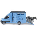Toy blue horse transport truck with an open rear ramp. A black horse figurine is halfway out. The truck features a horse graphic on its side.