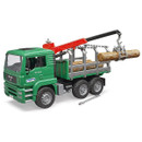 Toy logging truck with a green cab and red crane, lifting a log. It has realistic details and conveys an adventurous and playful tone.