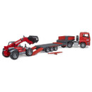 Red toy truck with a trailer and an attached red telehandler loading vehicle. The setup is detailed, conveying a realistic construction theme.