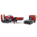 Model of a red truck and detachable trailer with a red telehandler on it. The setup is detailed and minimalistic, conveying a realistic tone.