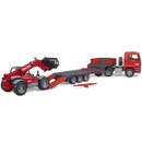 Toy set featuring a detailed red and gray truck with a flatbed trailer and a telescopic loader. The loader is attached to the trailer, conveying a miniature construction scene.