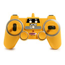 Yellow toy controller resembling a robot face, with circular eyes and joysticks. "JCB" branding on the center gives it a playful, whimsical tone.