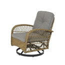 A view of a chair in a 2 seater bistro rattan garden furniture with grey cushions on a white background