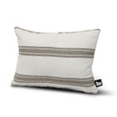 Rectangular cream pillow with horizontal beige stripes, featuring a small black tag with white symbol. The design is simple and elegant.