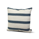 A cushion with a white background and three horizontal dark blue stripes. The fabric looks textured, and it has a casual, nautical feel.