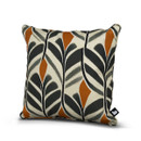 Square throw pillow with a modern leaf pattern in black, white, and rust orange. The fabric has a bold, graphic style, conveying a contemporary feel.