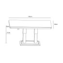 A technical line drawing of a rectangular outdoor table with adjustable height, showing full length, width and two height settings labelled in centimetres.