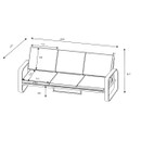 A technical line drawing of a three-seater outdoor sofa with full width, depth and height measurements, including labelled cushion and armrest dimensions in millimetres.