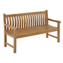 A front-view image of a teak outdoor bench with slatted seat and curved vertical slats on the backrest, set against a white background.