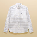 Joules white button-up shirt with blue grid pattern on a beige background. Features a small embroidered logo on the chest pocket. Clean, classic style.