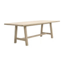 A contemporary rectangular wooden garden dining table with a slatted top and angled legs, displayed on a white background.