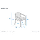 Technical line drawing of the Kettler Cora rope dining chair, showing curved timber armrests, woven rope detailing and padded cushions, with dimensions labelled including 87cm height and 66cm width.