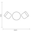 Simple overhead layout diagram showing spacing for a bistro set with two chairs angled towards a round central table, positioned within a 2.4-metre by 1.2-metre area.