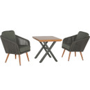 Two dark green rope-weave armchairs with cushions paired with a modern square bistro table featuring a wooden slatted top and grey crossed metal legs, shown on a white background.