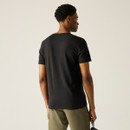 A back view of a man wearing a black regatta t-shirt on a white background
