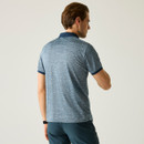 A back view of a man wearing a blue Regatta polo shirt on a white background