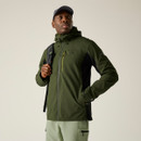 A front view of a man wearing a green Regatta Waterproof coat on a white background