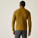 A back view of a man wearing a brown Regatta half zip fleece on a white background